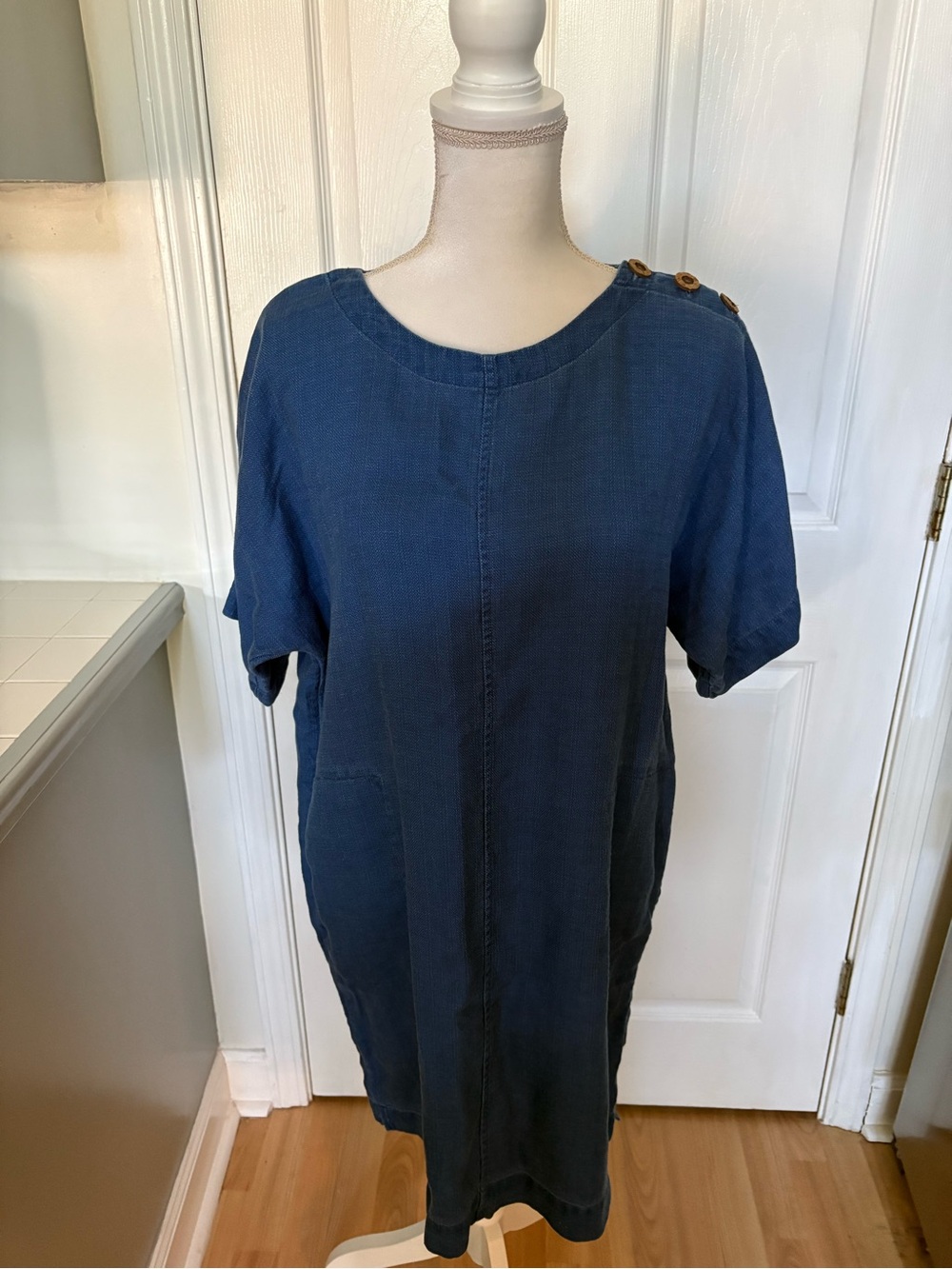 Women's Navy Midi Dress with Button Shoulder